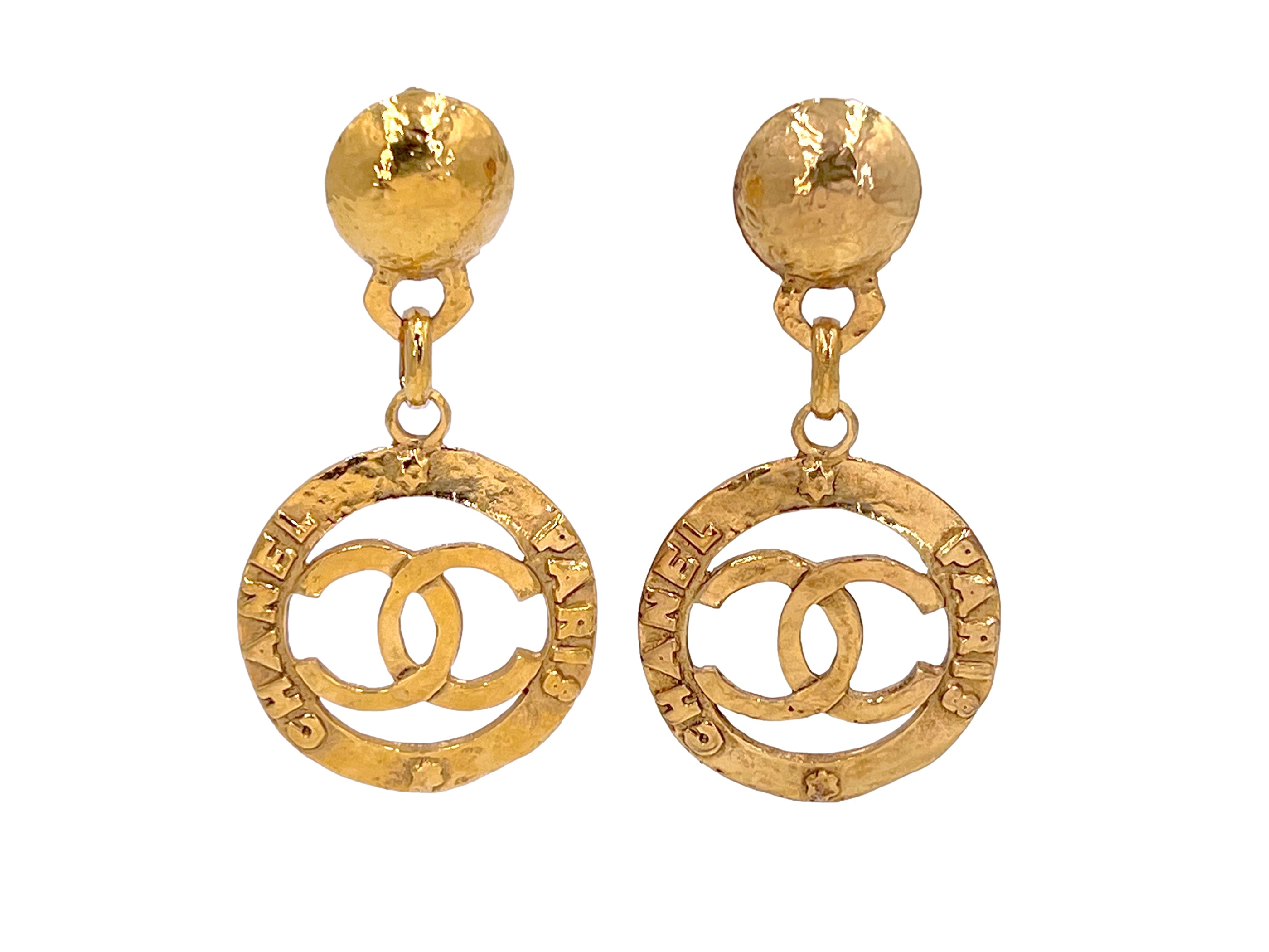 Chanel Gold Tone CC Logo Dangle Hoop Earrings, Chanel