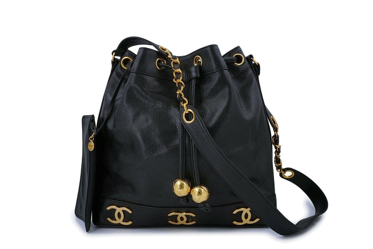 FULL SET CHANEL Classic Vintage Black Caviar Drawstring CC Gold