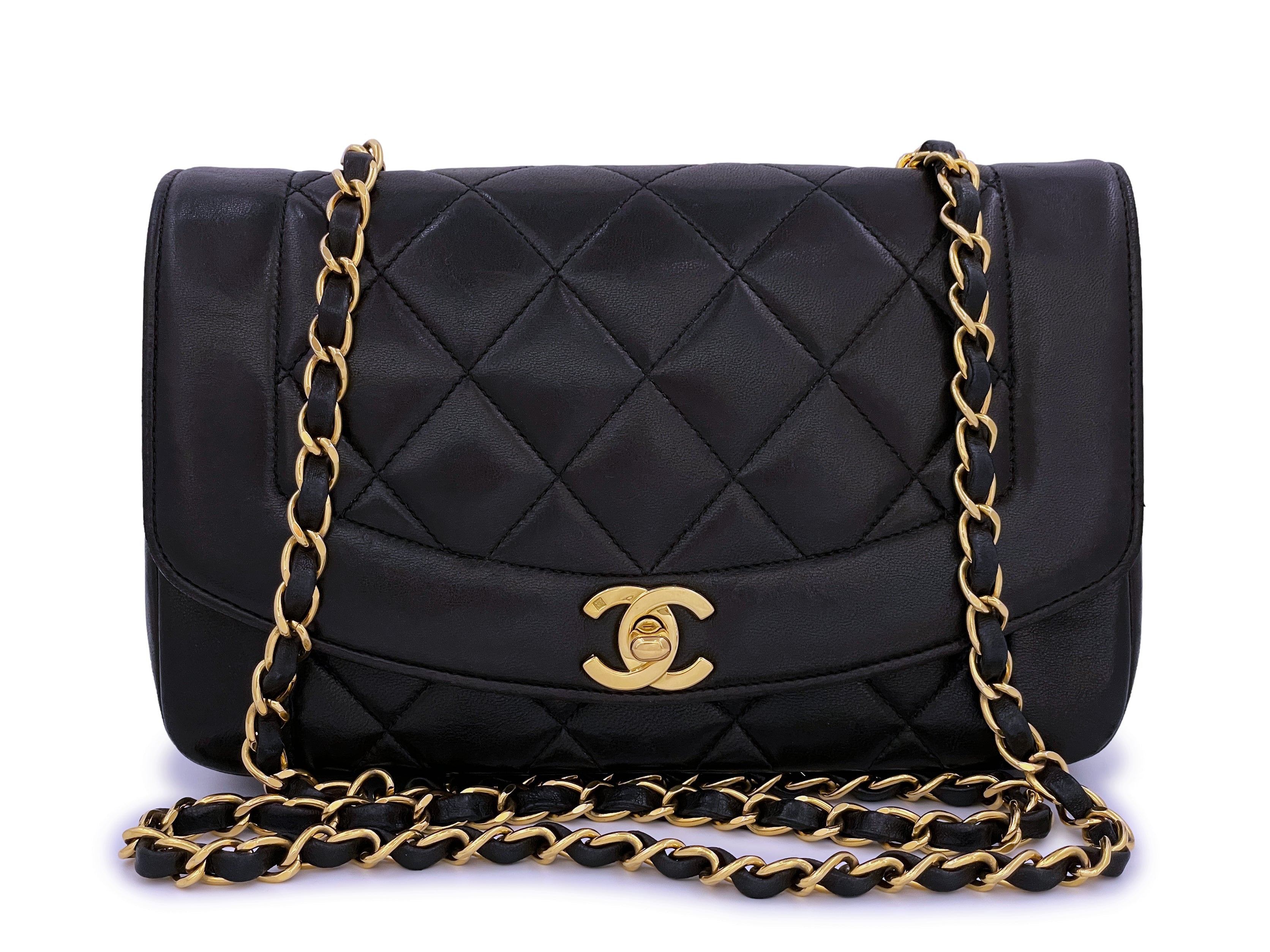 Black Interior! Chanel Black Diana Quilted Lambskin Small with 24k