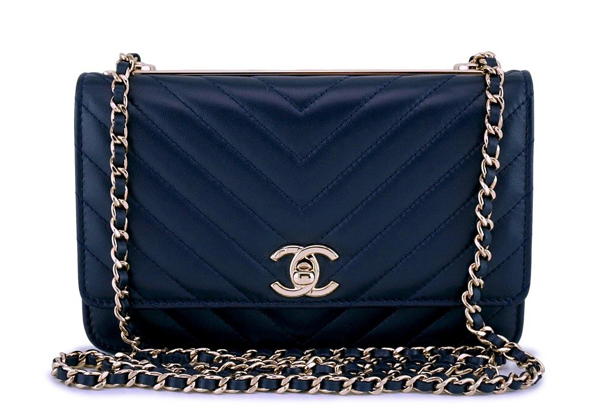 RARE PRETTY🖤 22C CHANEL Trendy Wallet On chain WOC Black Flap Bag Rose  Gold HW