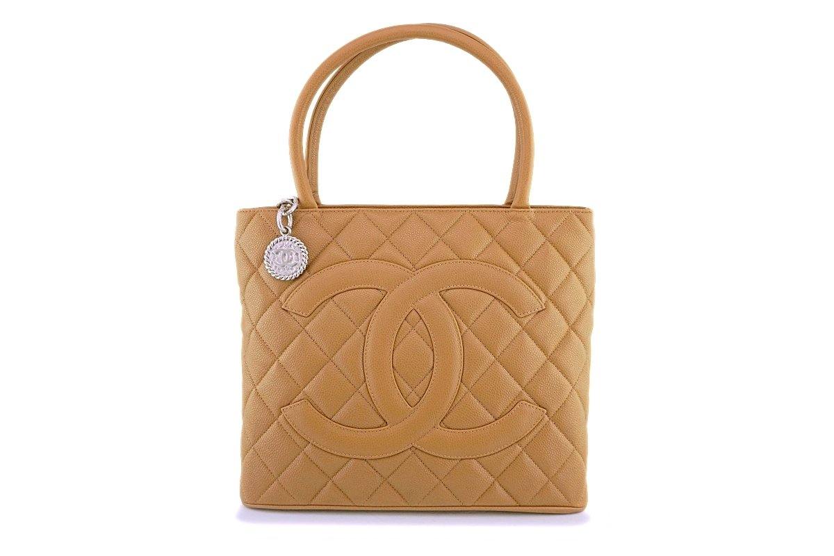 CHANEL CHANEL Medallion Tote Bag Caviar skin Beige Used Women logo