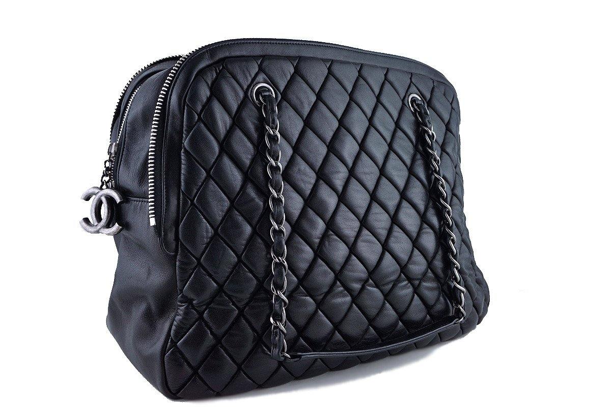 AUTHENTIC CHANEL BLACK VINYL QUILTED HOBO TOTE HANDBAG LARGE W/ZIPPER