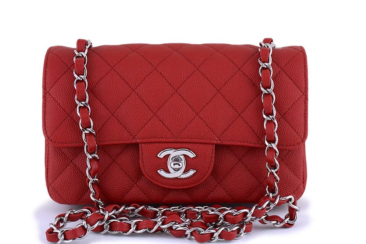Red Quilted Caviar Mini Rectangular Classic Flap Silver Hardware, 2017