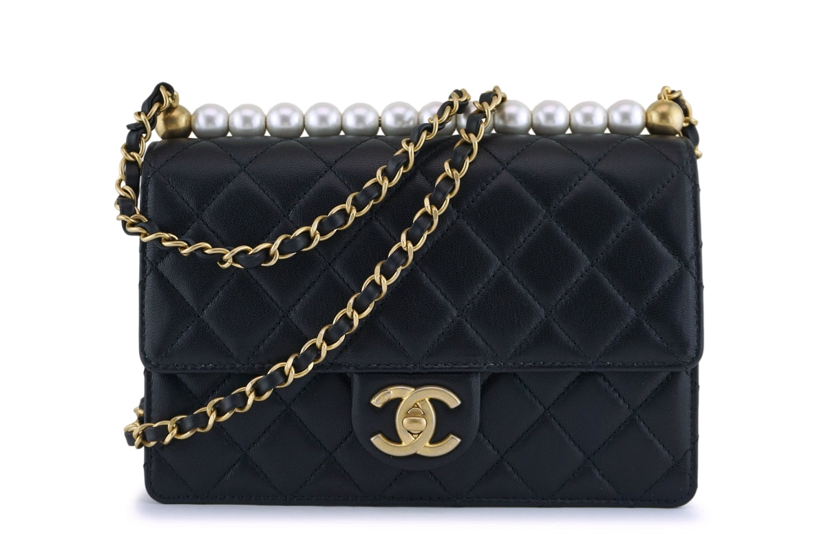 Chanel Mini Flap Bag With Pearl And Woven Chain CC Logo Black