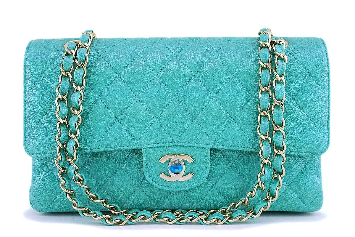 Chanel Medium Double Flap Bag Lambskin Quilted In Green W/ Silver Hardware