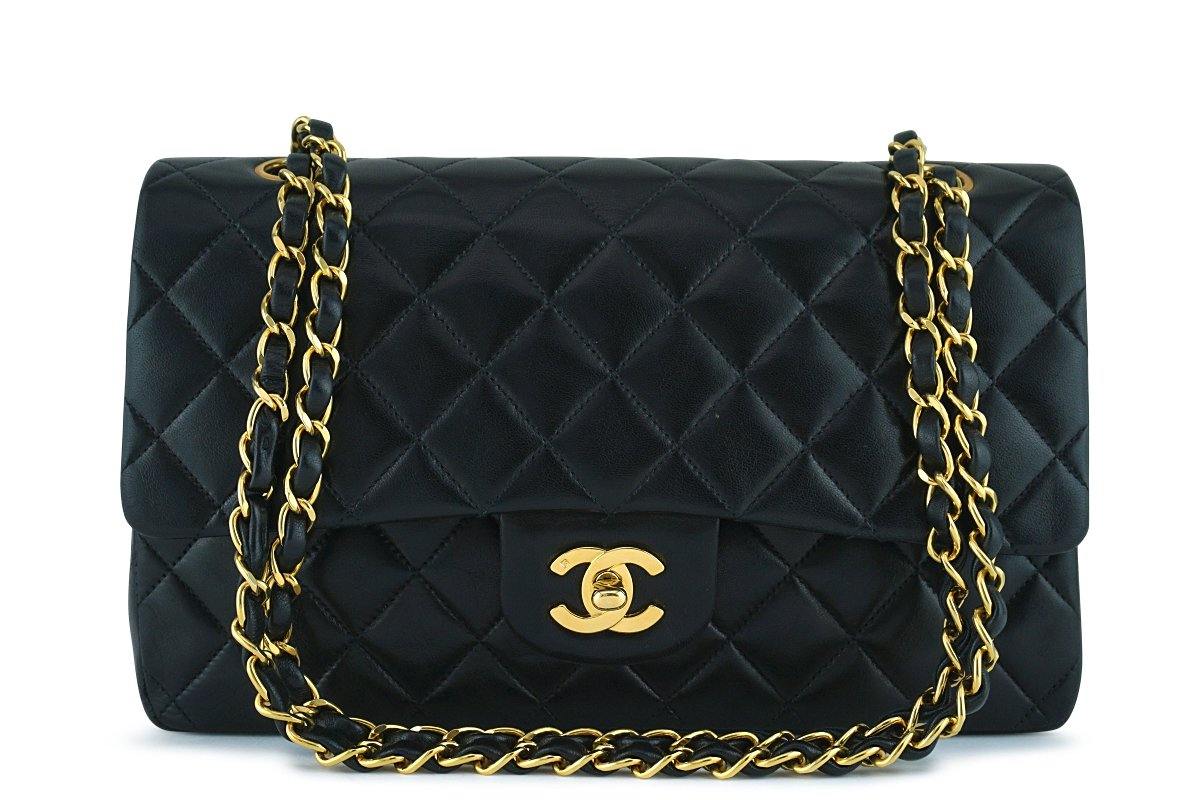 Classic handbag, Lambskin & gold-tone metal, black — Fashion