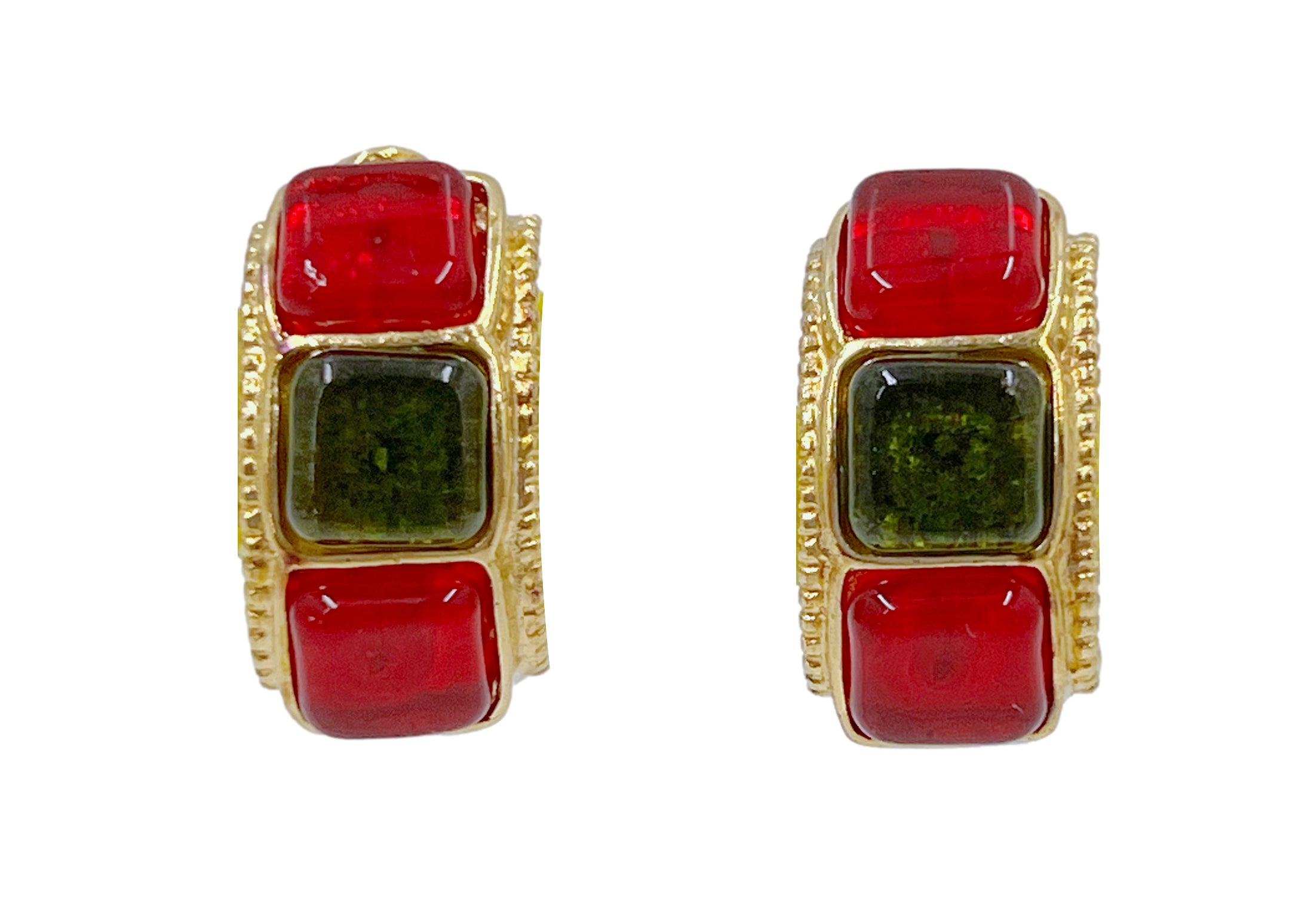 image of Chanel Gripoix Earrings Red and Green Vintage 97A Stone Hoop