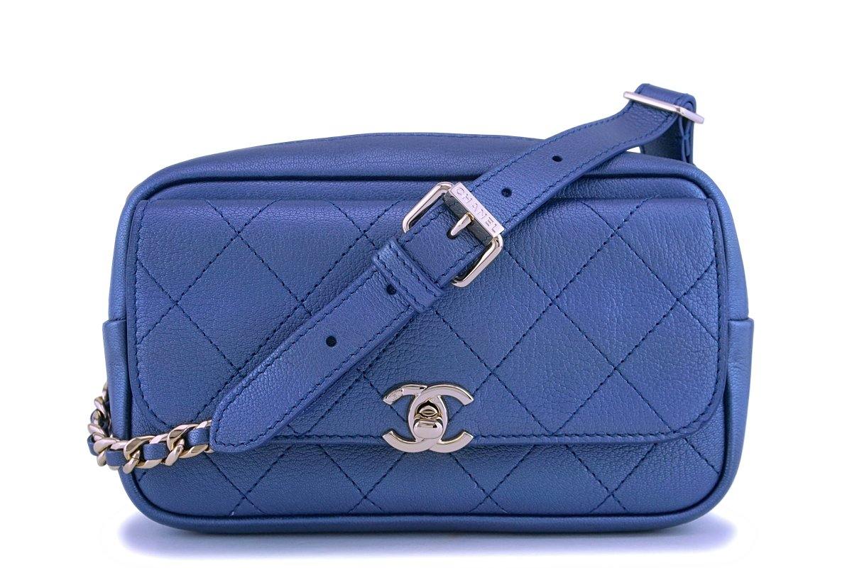 NIB 19C Chanel Pearly Iridescent Blue Waist Belt Bag Fanny Pack