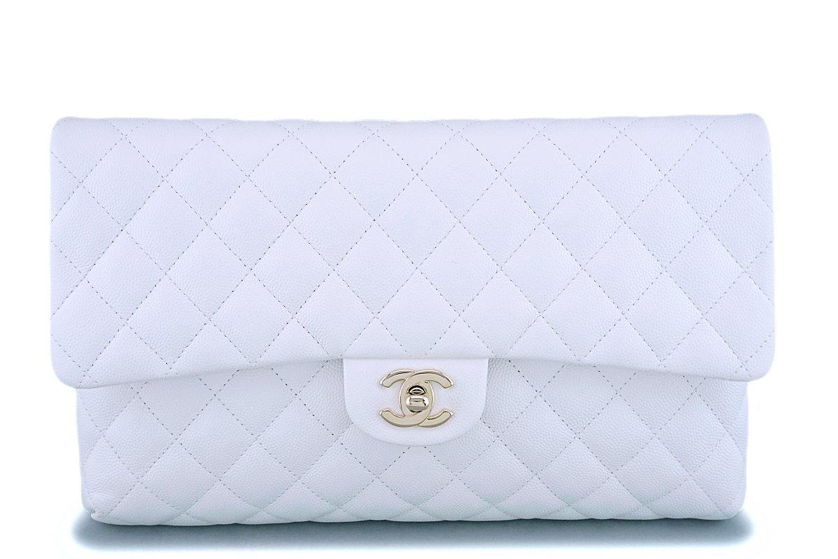 NIB 19B Chanel White Caviar Timeless Classic Flap Clutch Bag GHW