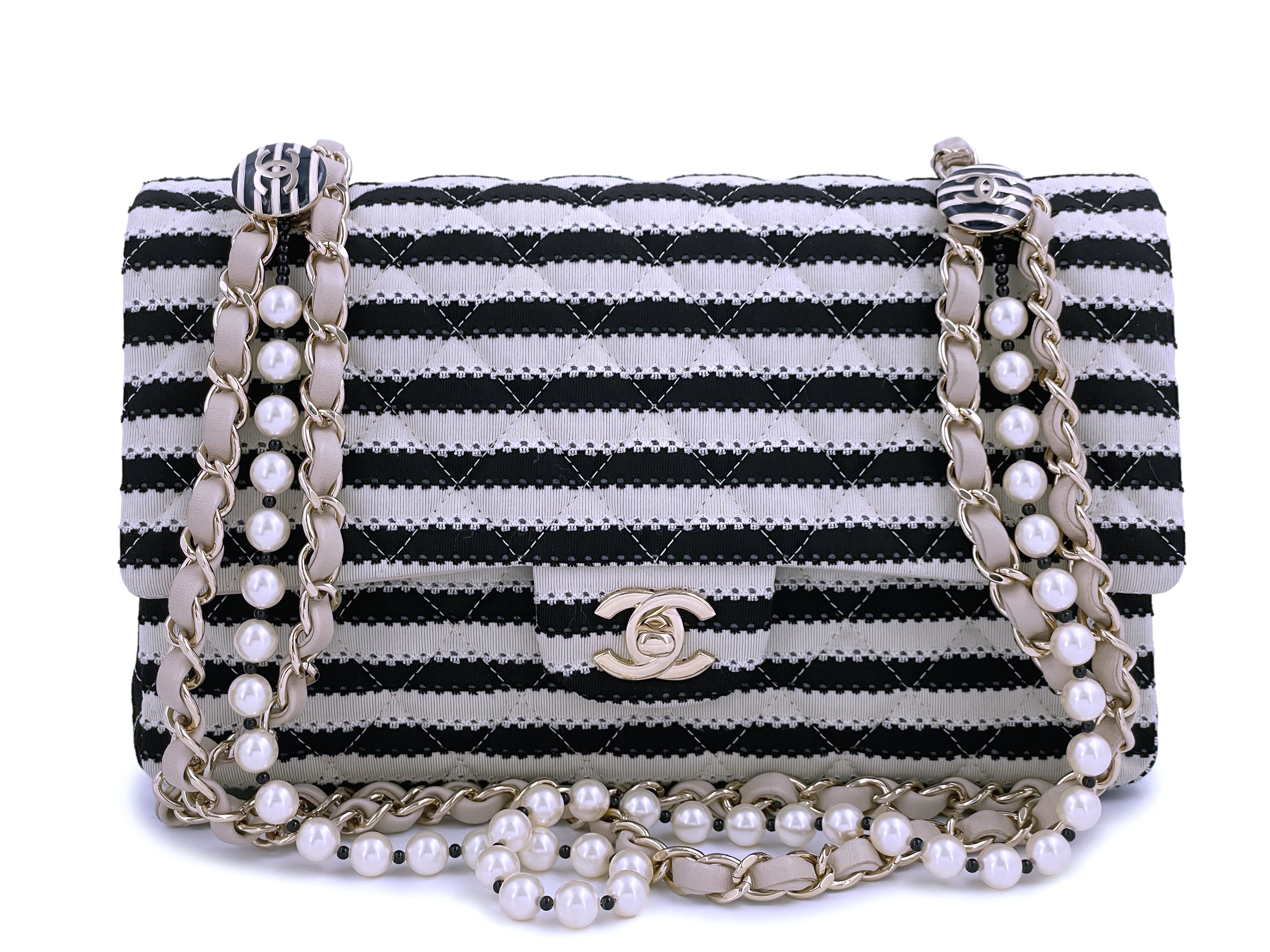 Chanel Beige-Black Coco Sailor Pearls Medium Classic Double Flap