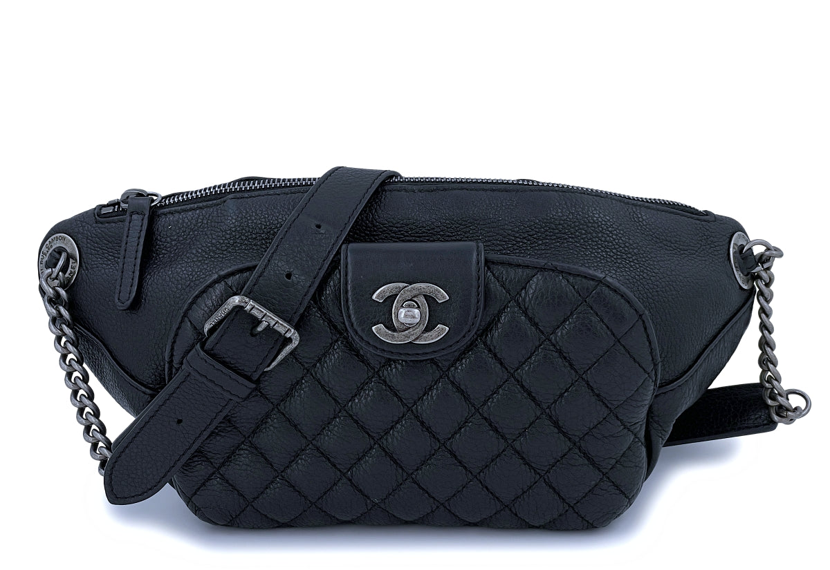 Chanel Black Quilted Aged Glazed Calfskin Easy Flap Bag Ruthenium