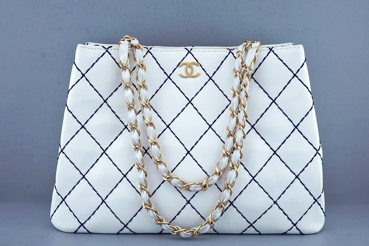 Chanel White Classic Contrast Navy Stitch Quilted Shopper Tote Bag