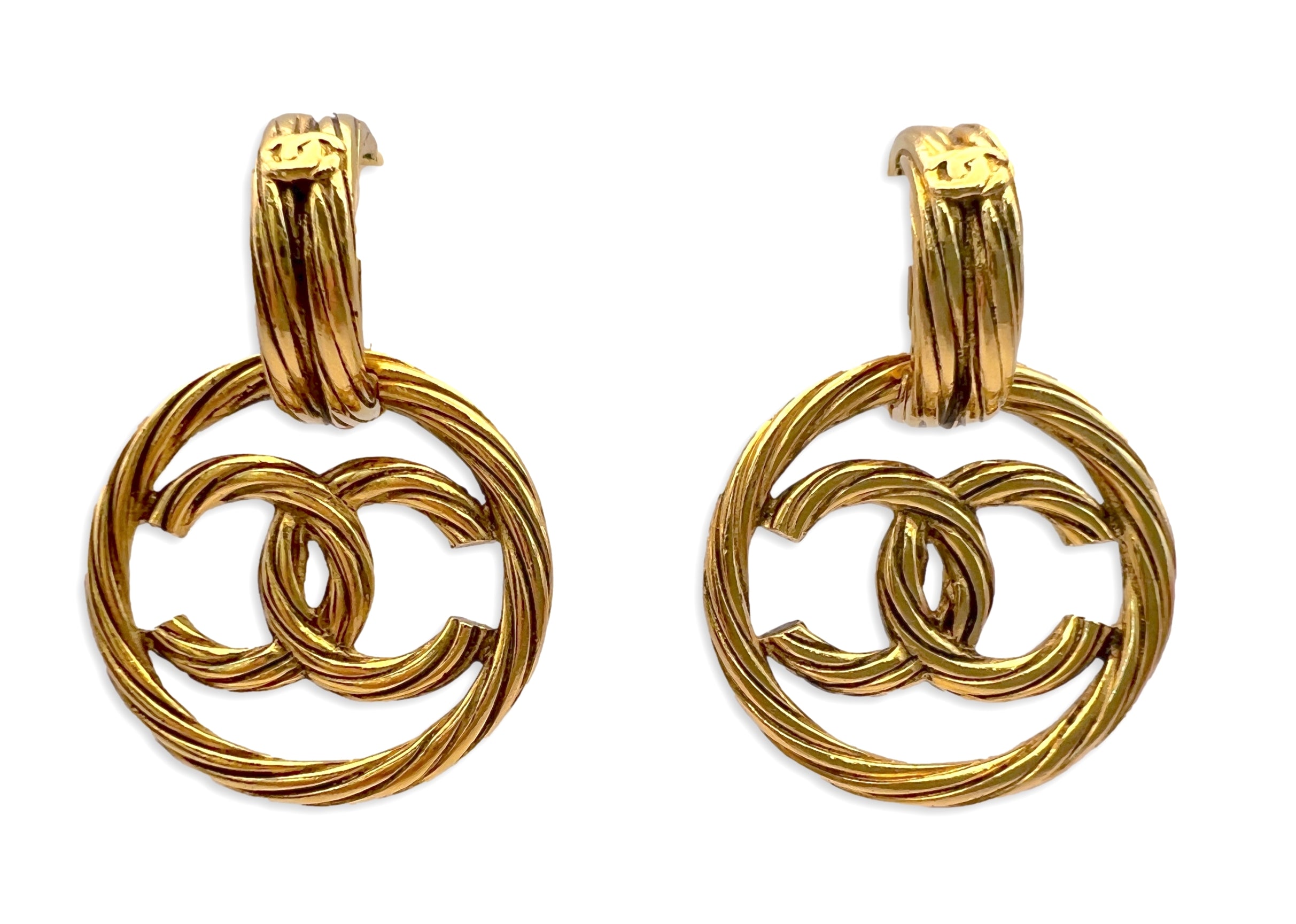 CHANEL, Jewelry, Chanel Gold Drop Hoop Cc Vintage Clip On Earrings