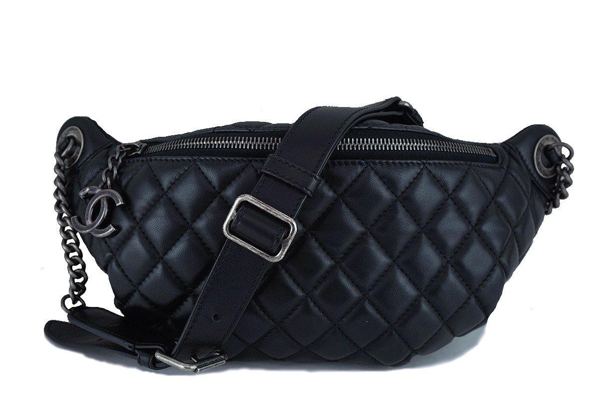 Vintage CHANEL black lambskin hip bag, fanny pack with logo bar