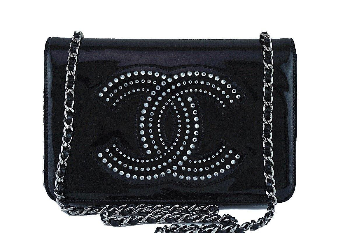 Chanel Black Patent Strass Crystals WOC Flap Wallet on Chain Purse