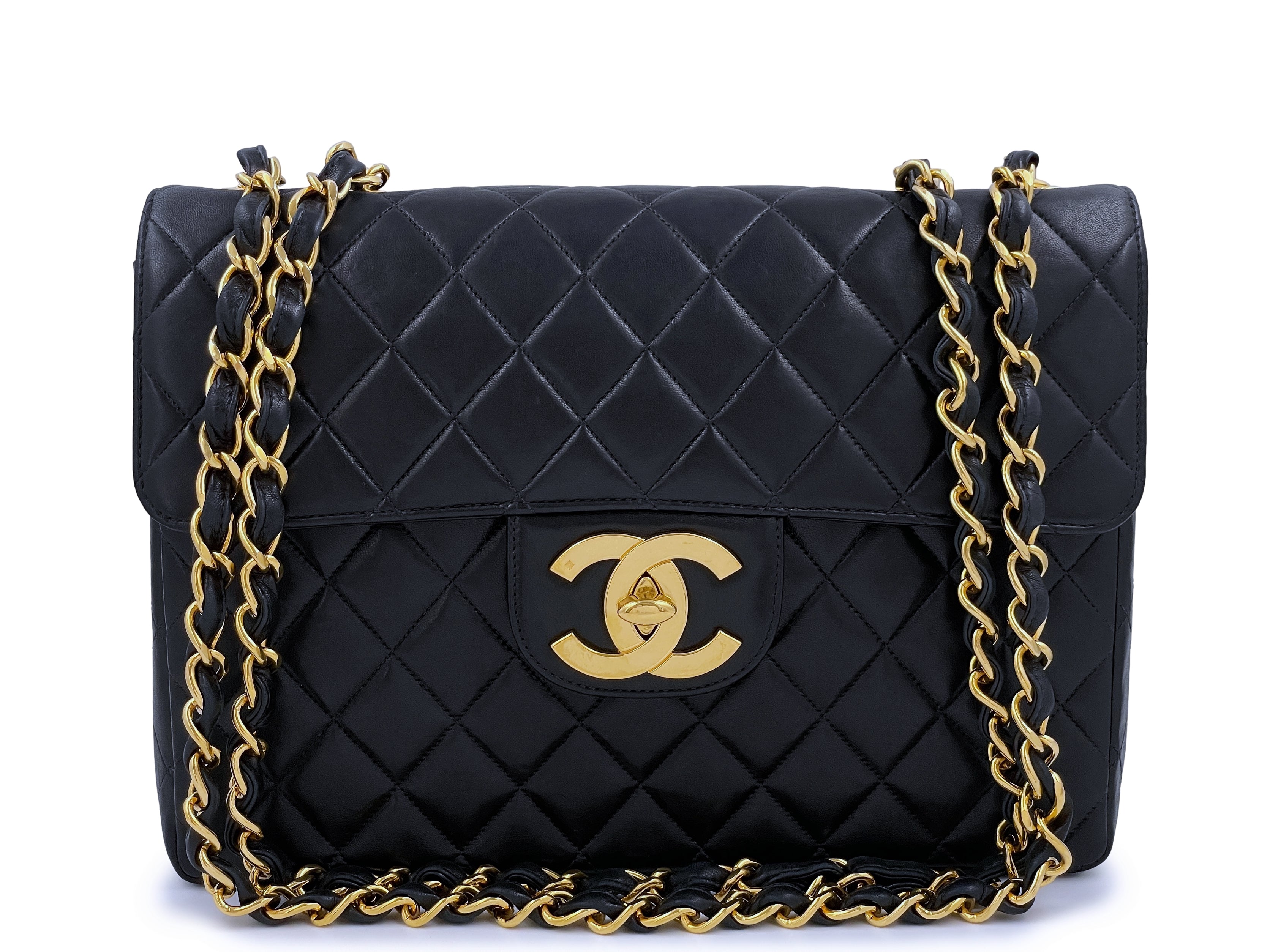 Chanel 1996 Vintage Jumbo Classic Flap Bag Black Lambskin 24k