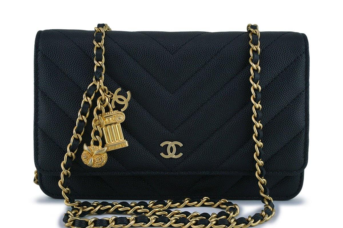 New Chanel Black Caviar Chevron Charms WOC Wallet on Chain Flap