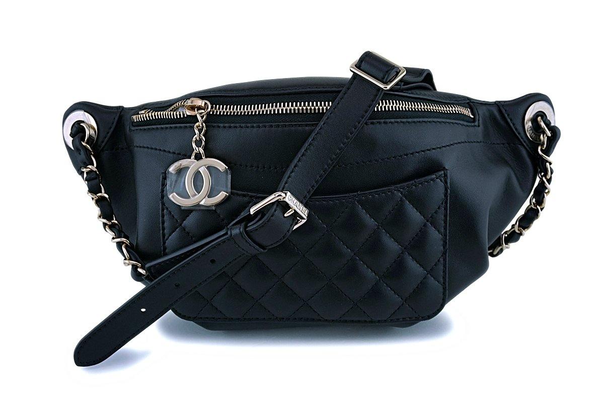 CHANEL Crumpled Calfskin Quilted Casual Rock Waist Bag Fanny Pack Black  1305703