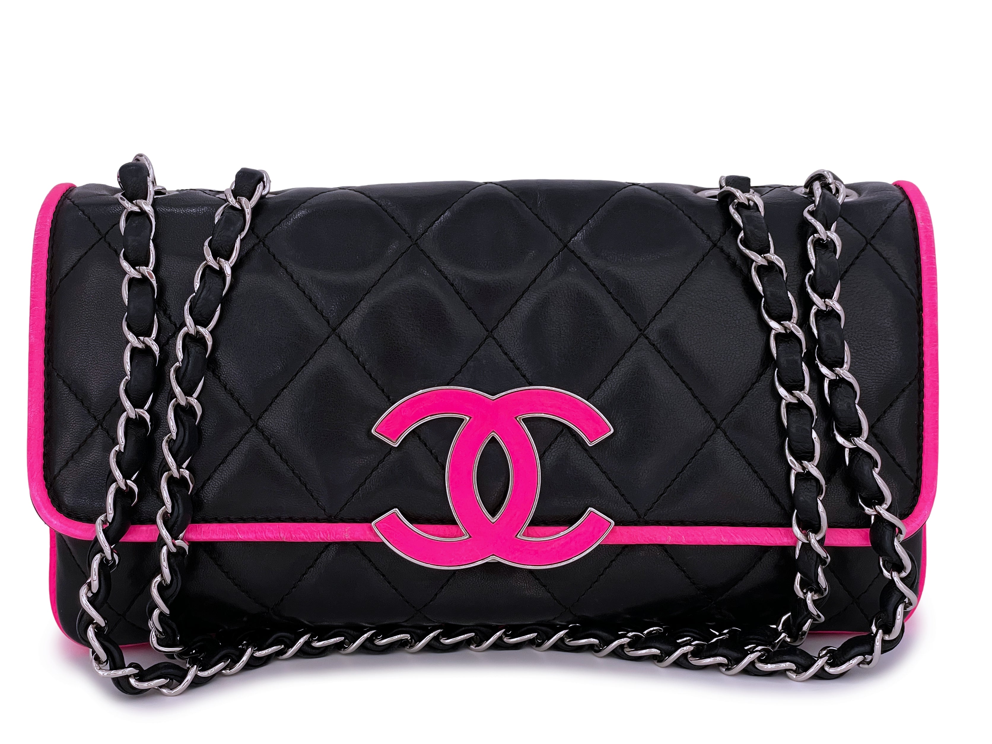 Chanel Black V-Quilted w/ Magenta Lining, Multi Pocket w/ Abstract Gold  Chain & Lion Head Zipper Hand Bag - Orlando Vintage Clothing and Costume