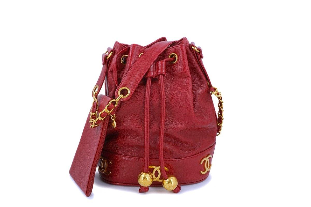 1990s Chanel Red Quilted Caviar Leather Vintage Bucket Bag