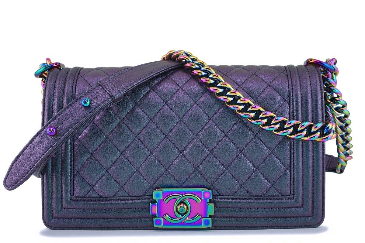 ❌SOLD❌ 🦄🌈 CHANEL 16C Purple 'Mermaid' Iridescent Goatskin Boy Flap Bag  with Rainbow Hw, in 'old medium' size. Like new full set with…