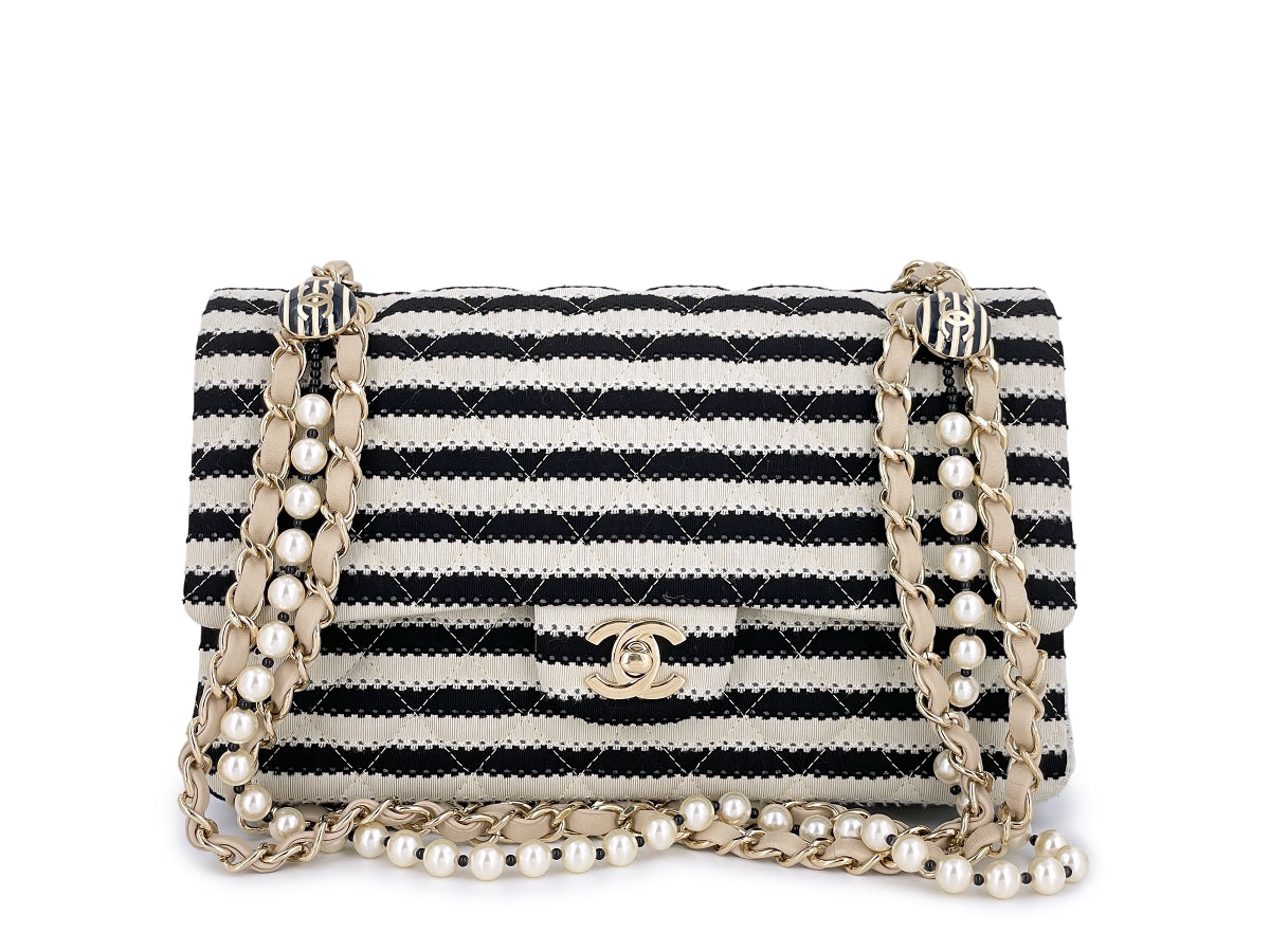 Chanel Ivory-Black Coco Sailor Pearls Medium Classic Flap Bag GHW