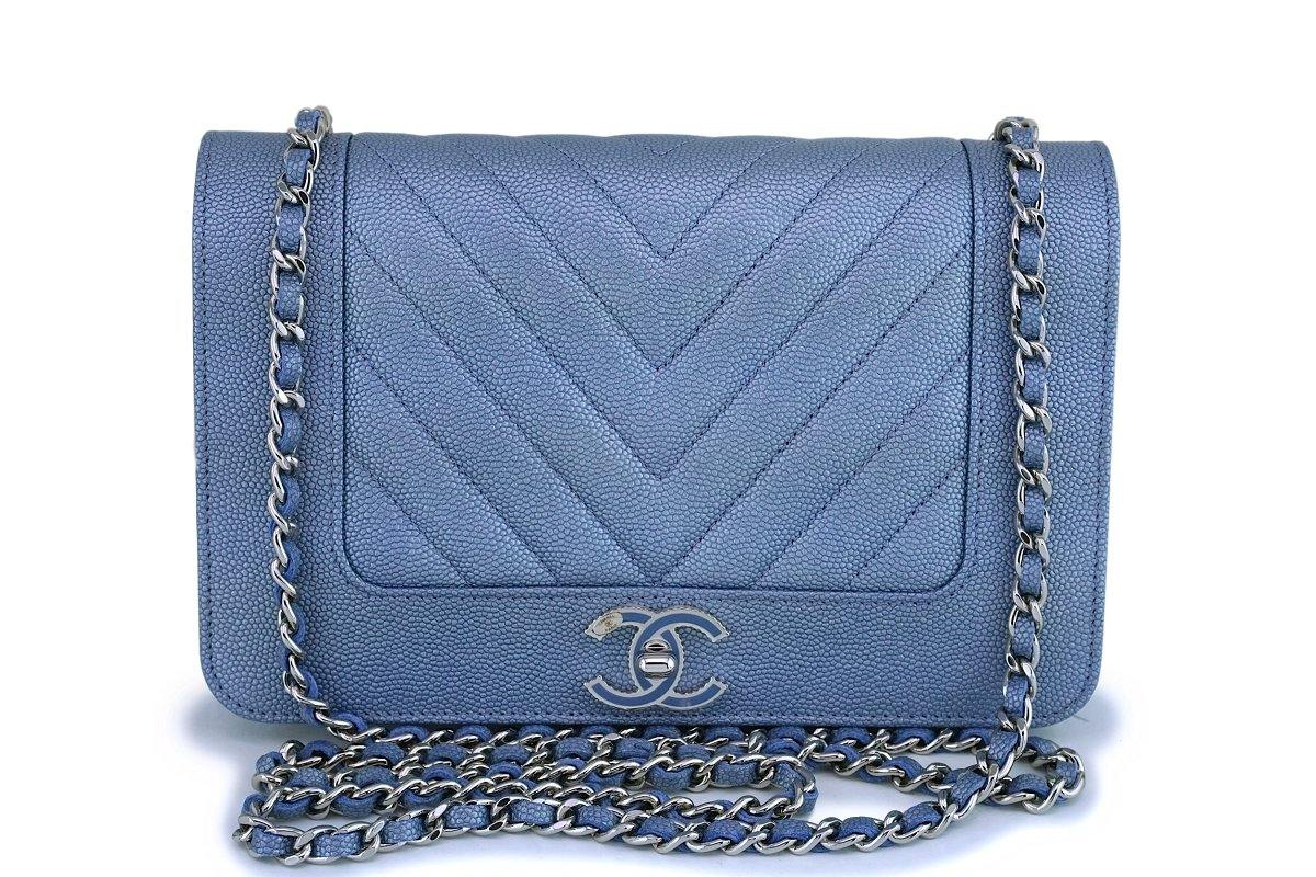CHANEL Iridescent Metallic Pearly Blue Caviar Classic WOC Wallet