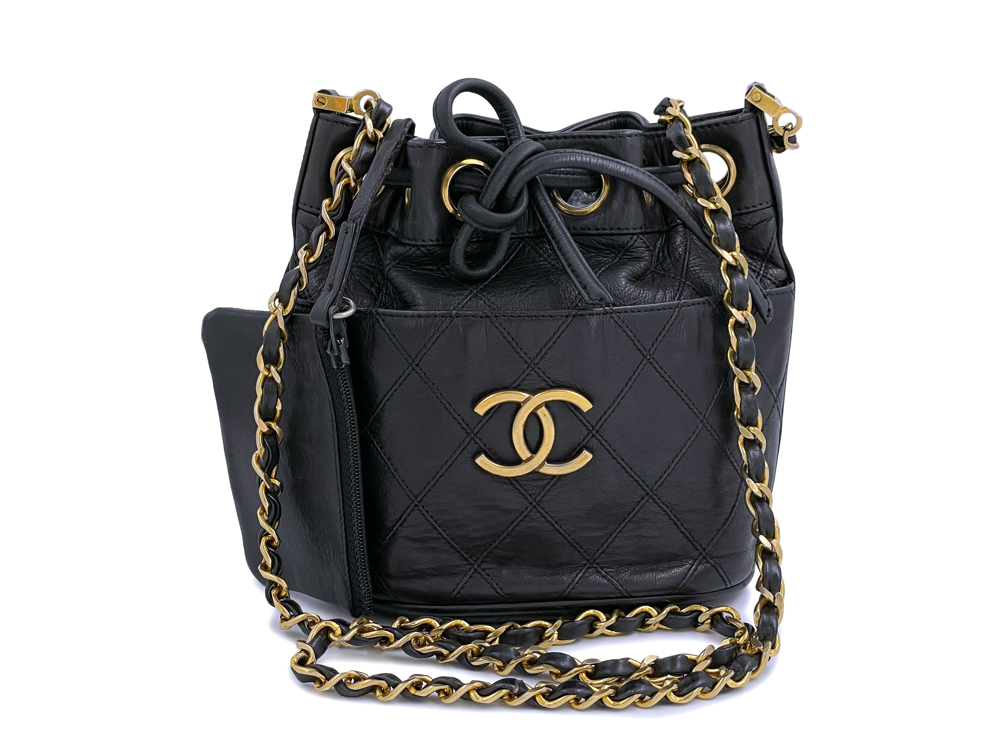 Preowned Chanel Vintage Mini Bucket Bag 1395  liked on Polyvore  featuring bags handbags black mini hand bag  Bucket bag Mini bucket  bags Vintage chanel