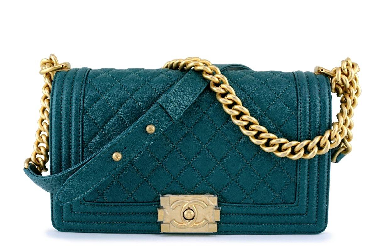 NIB 18B Chanel Dark Turquoise Caviar Medium Boy Flap Bag GHW