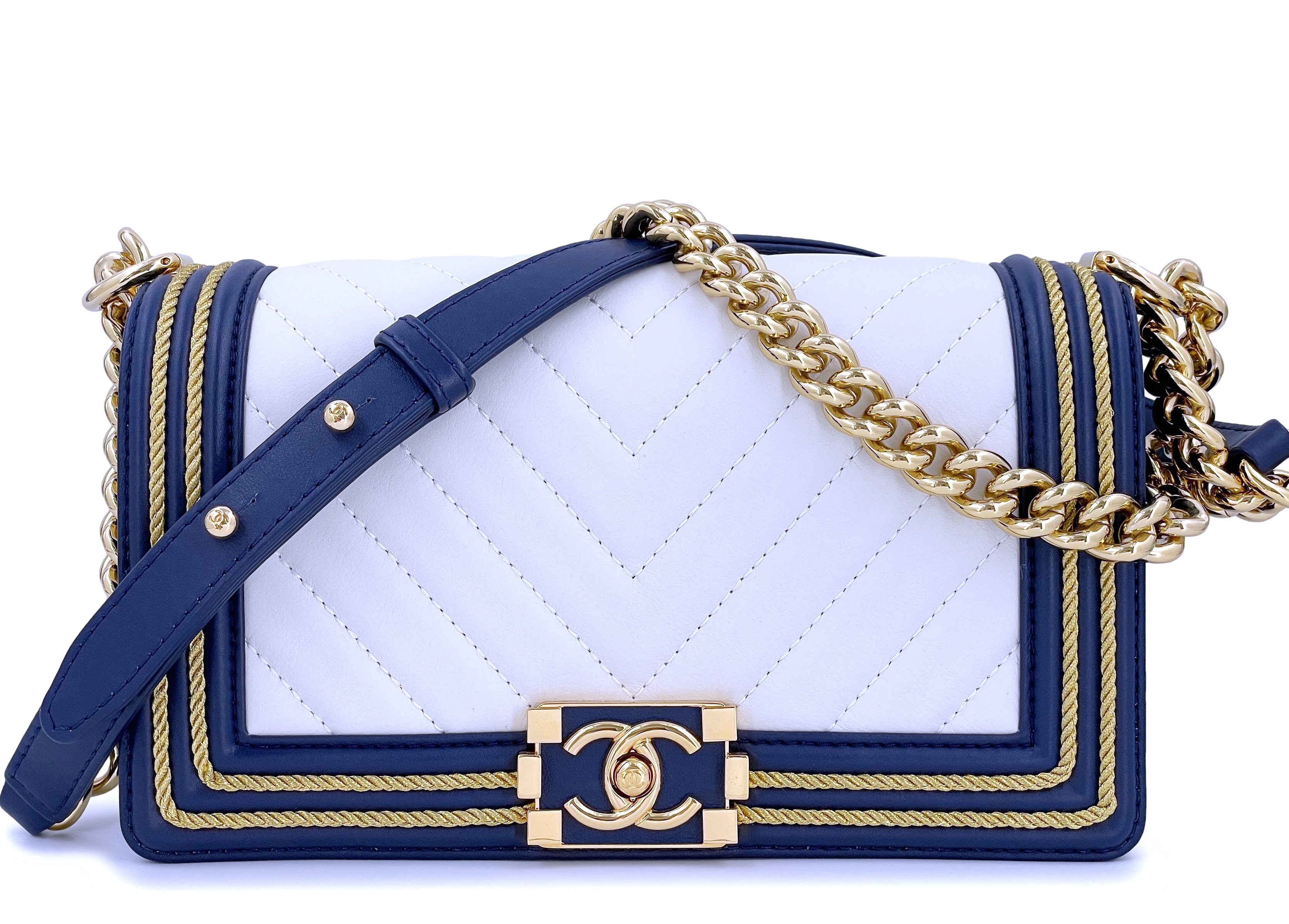 White laced coat & royal blue Chanel bag