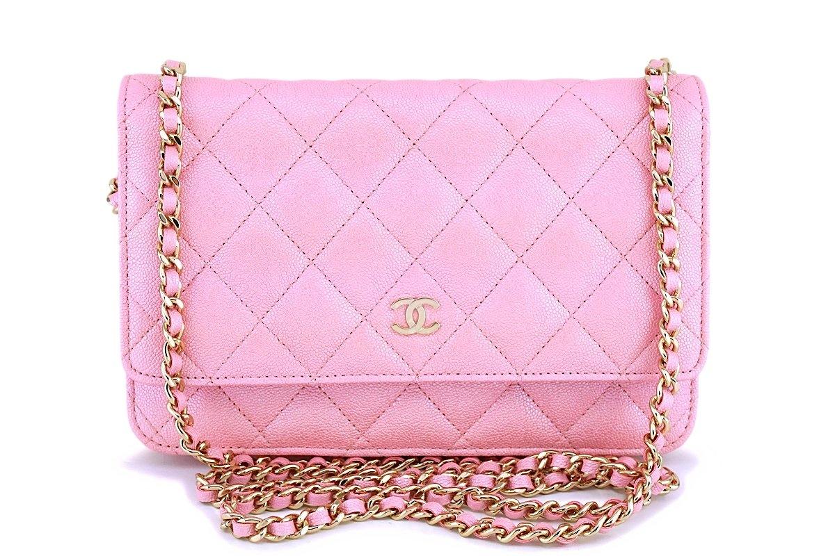 NIB 19S Chanel Iridescent Pearly Pink Classic Wallet on Chain WOC