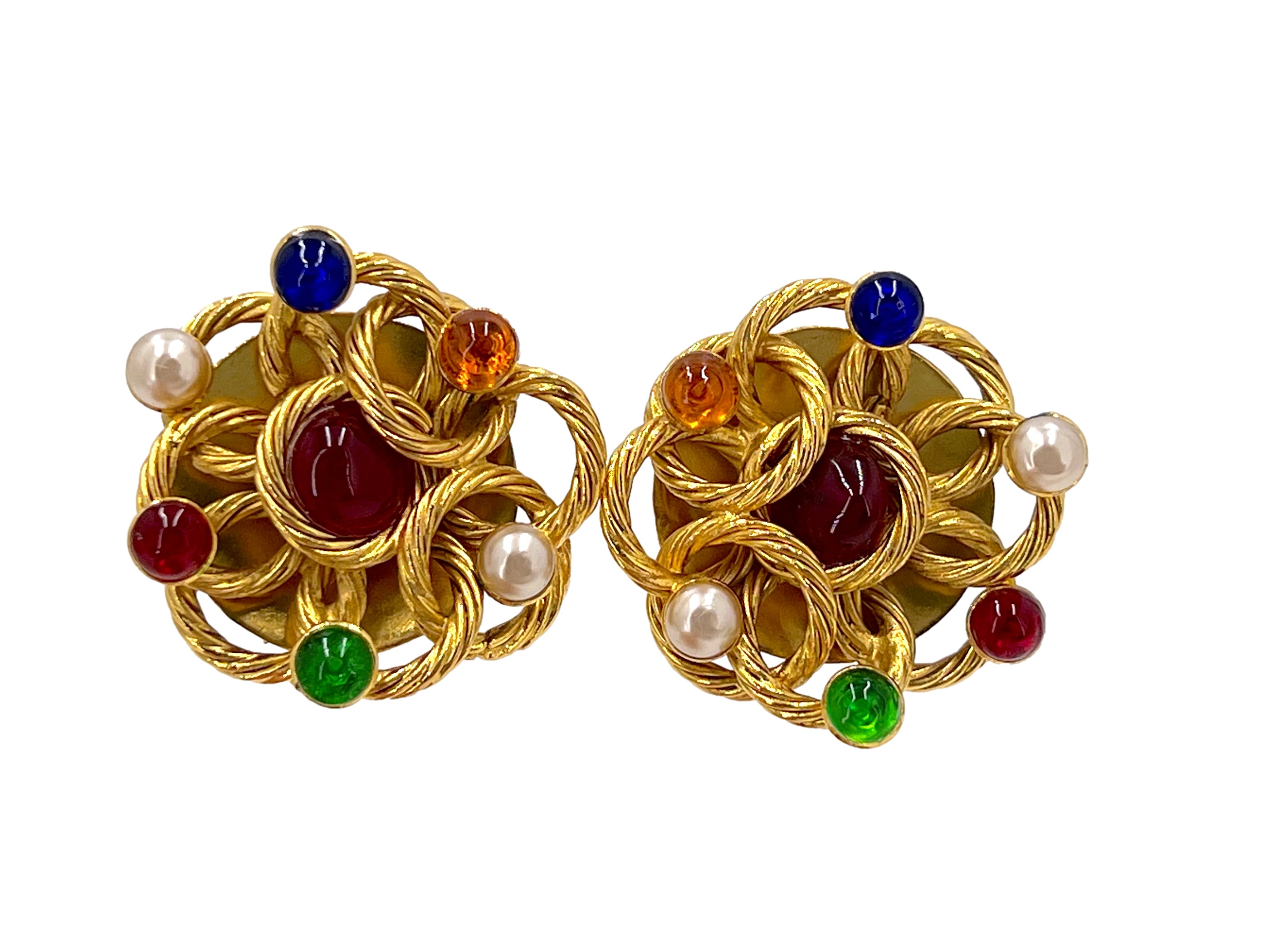 image of Chanel Gripoix Earrings Vintage Collection 23 Colored and Pearl Large Stud