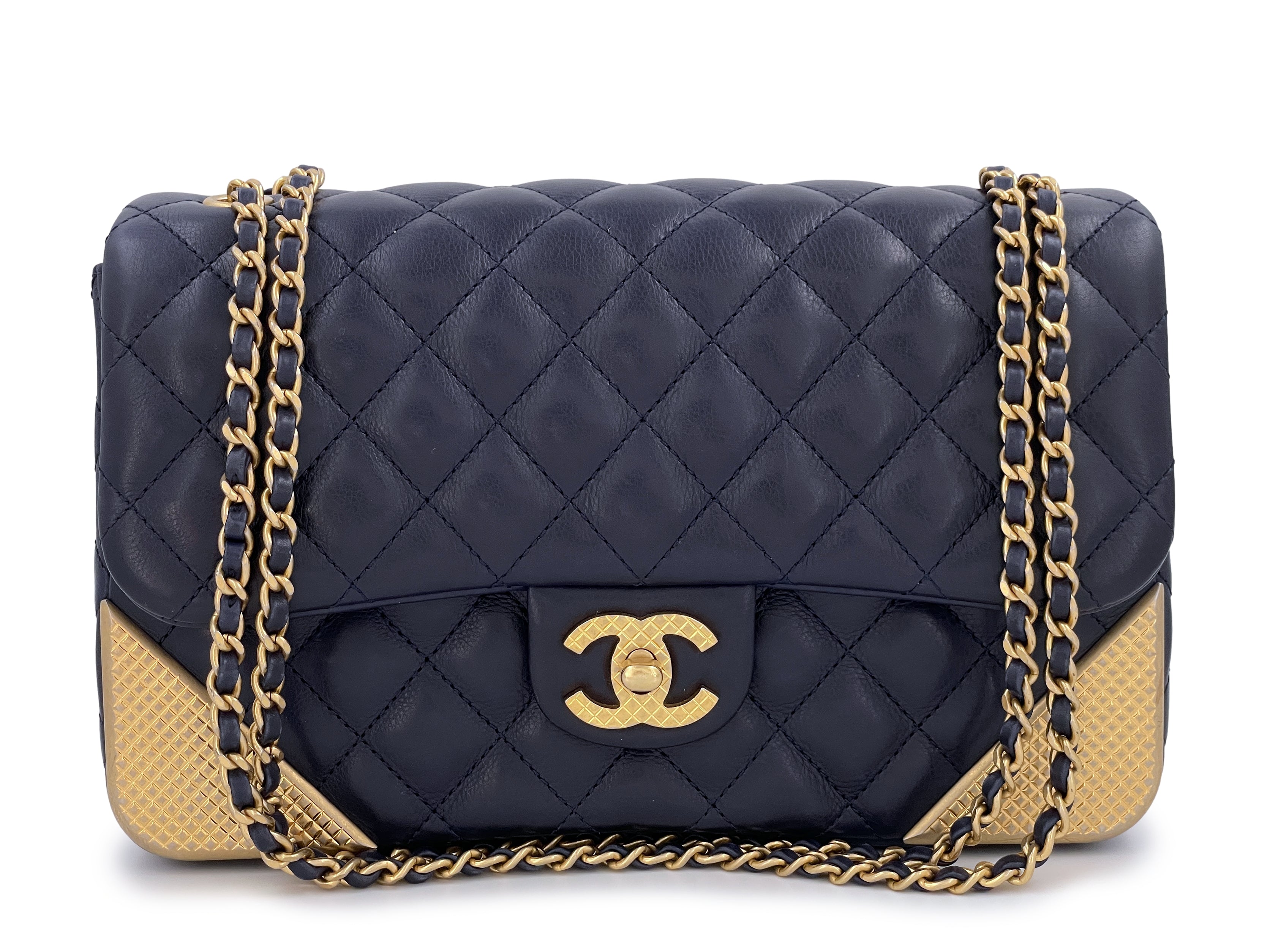 Chanel Flat Quilted Coco Luxe Large Shopping Bag Navy Aged Gold