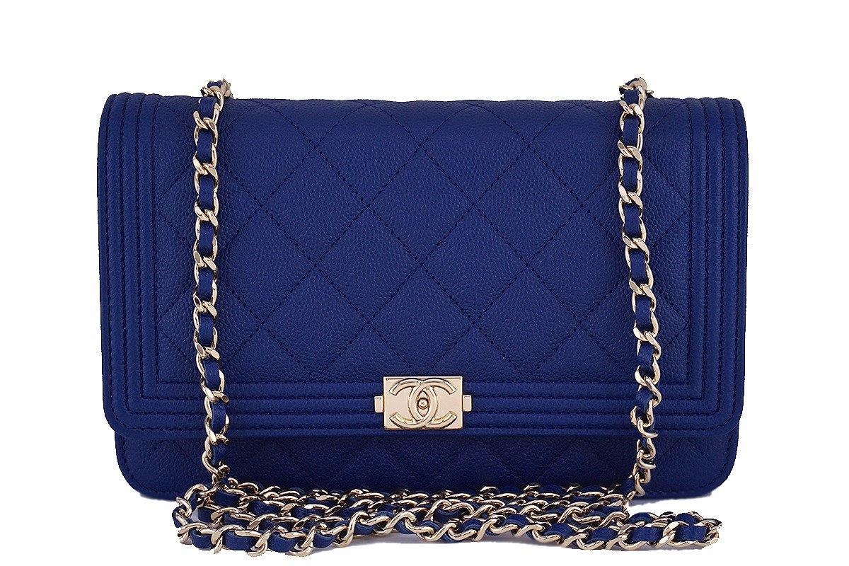 NWT 16B Chanel Caviar Blue Boy Classic Quilted WOC Wallet on Chain