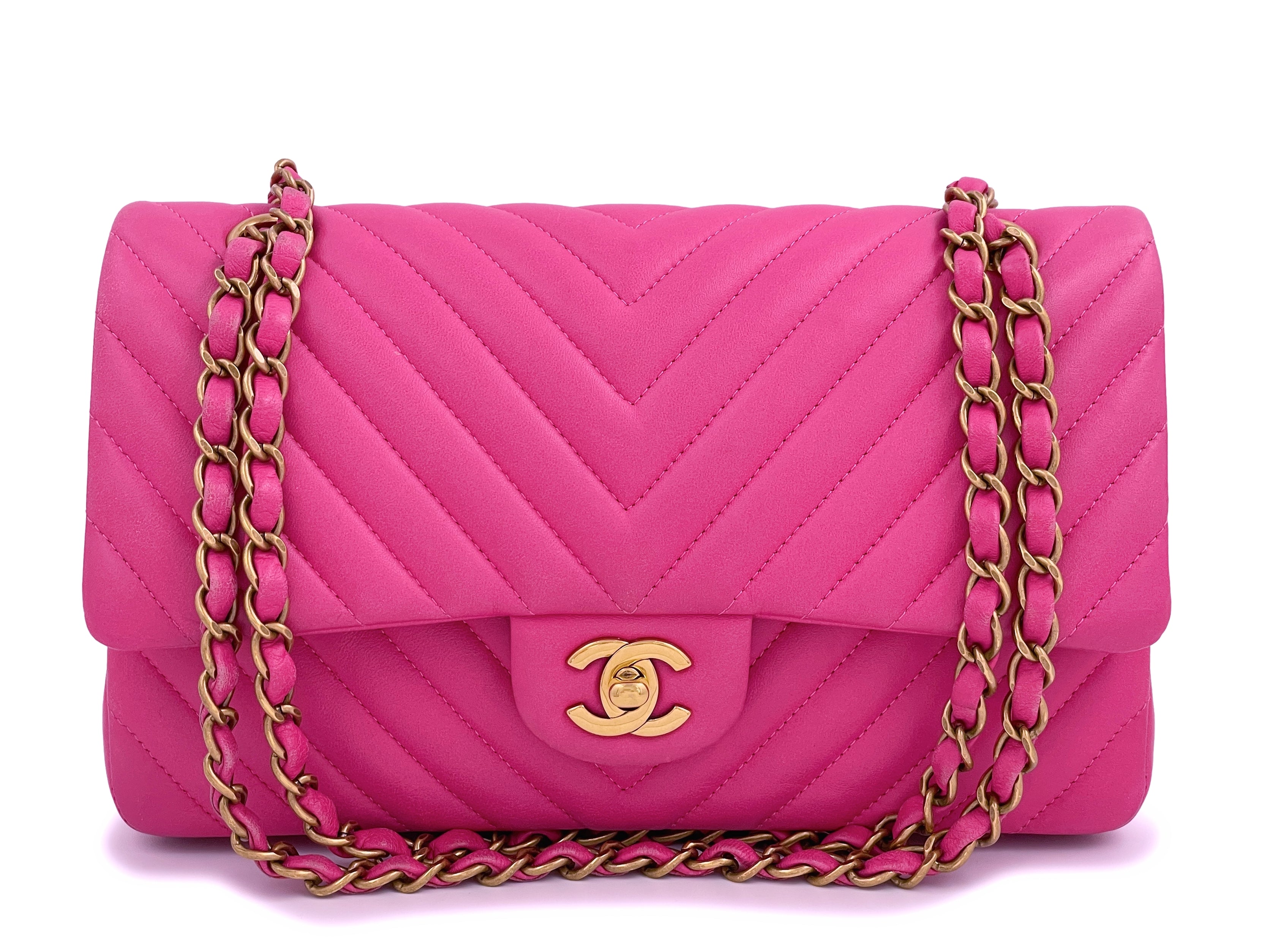 Chanel Classic Medium Double Flap 17C Pink Chevron Calfskin with brushed  gold hardware