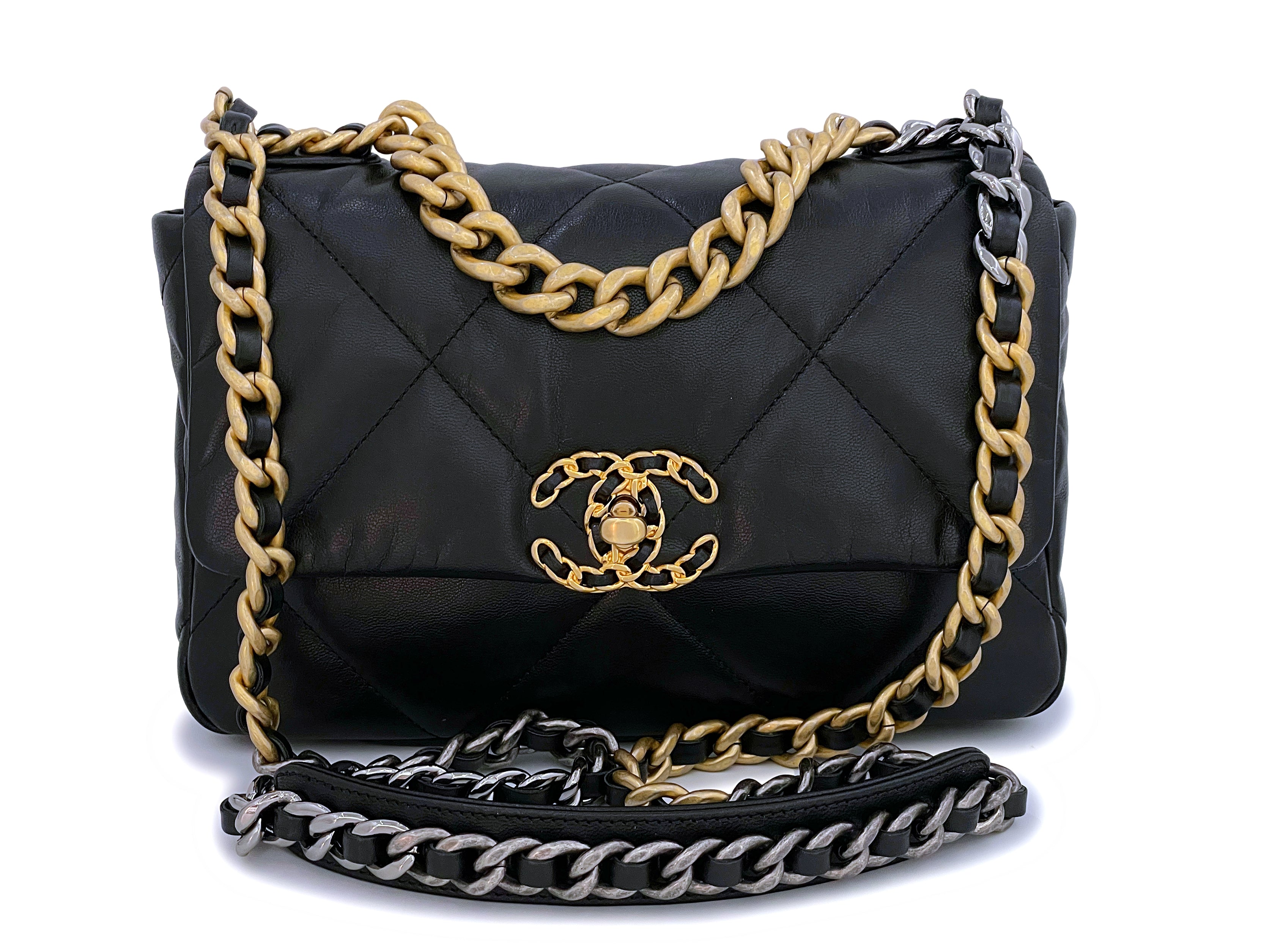 Chanel 19 Handbag Black Goatskin in Goatskin with Gold/Ruthenium-tone - US