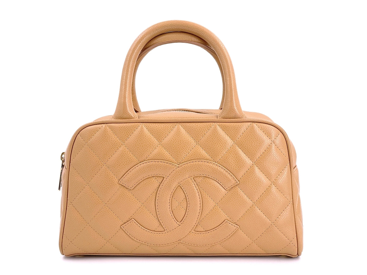 Vintage Chanel Beige CC Bowler Timeless Boston Caviar Quilted