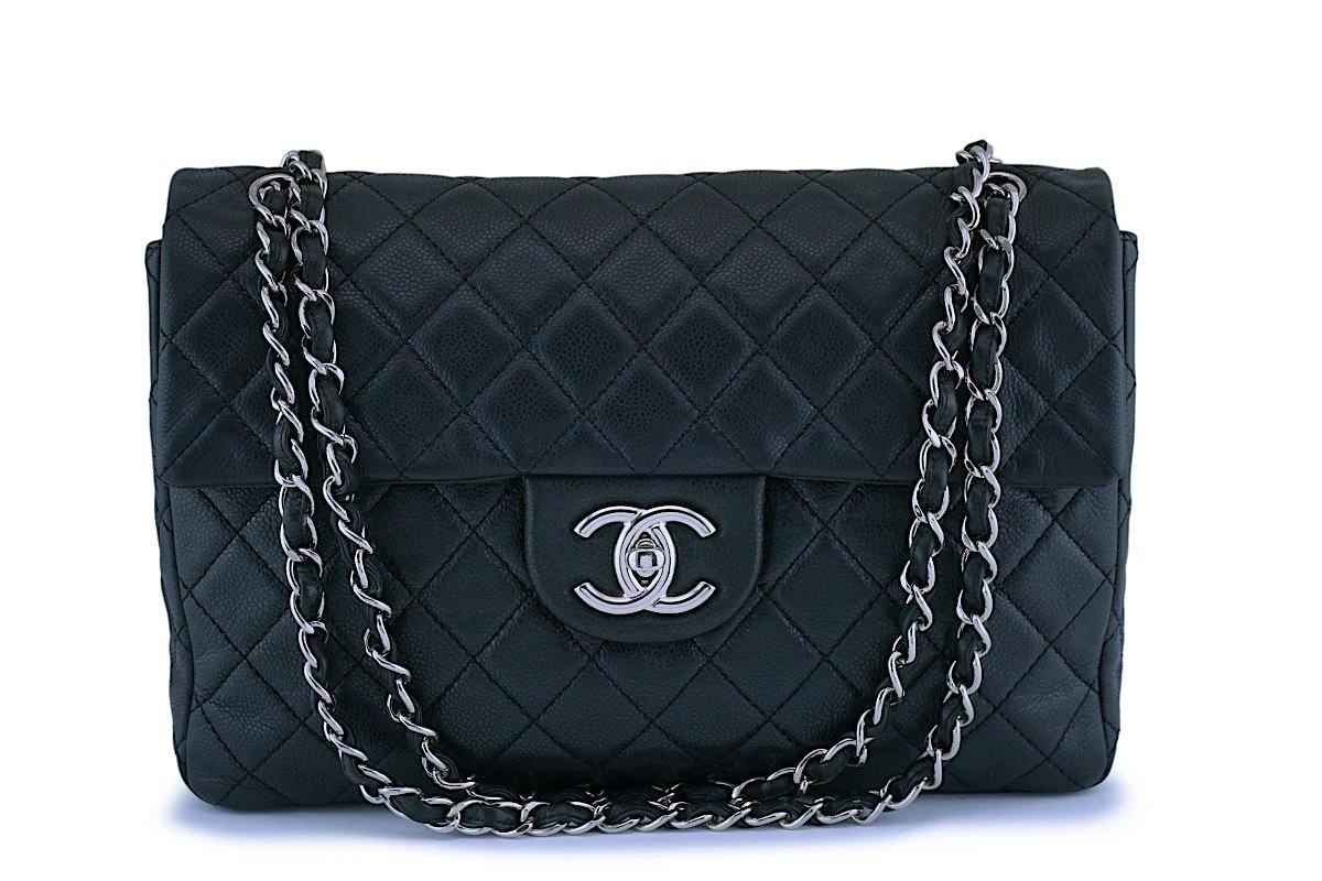 CHANEL Classic Black Quilted Caviar SHW Silver Chain Jumbo Large Flap Bag