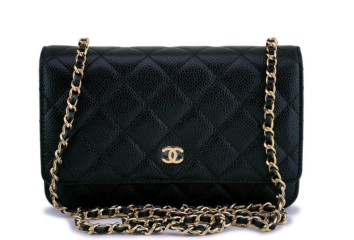 NWT Chanel Black Caviar Classic Quilted WOC Wallet on Chain Flap Bag G