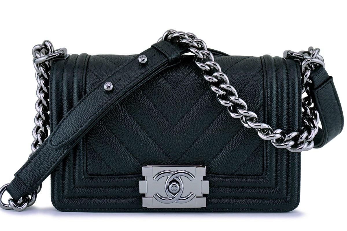 New 18S Chanel Black Caviar Chevron Small Boy Classic Flap Bag RHW –  Boutique Patina