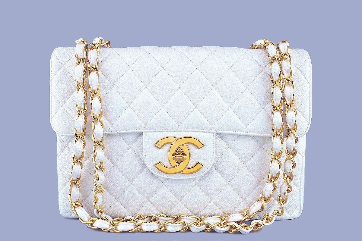 Chanel Vintage White Polyester Jumbo Classic Flap Bag ○ Labellov