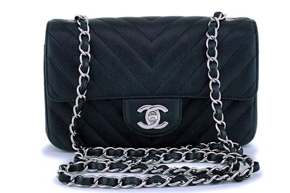 CHANEL Classic Chevron Mini Square Flap Bag in Black Caviar