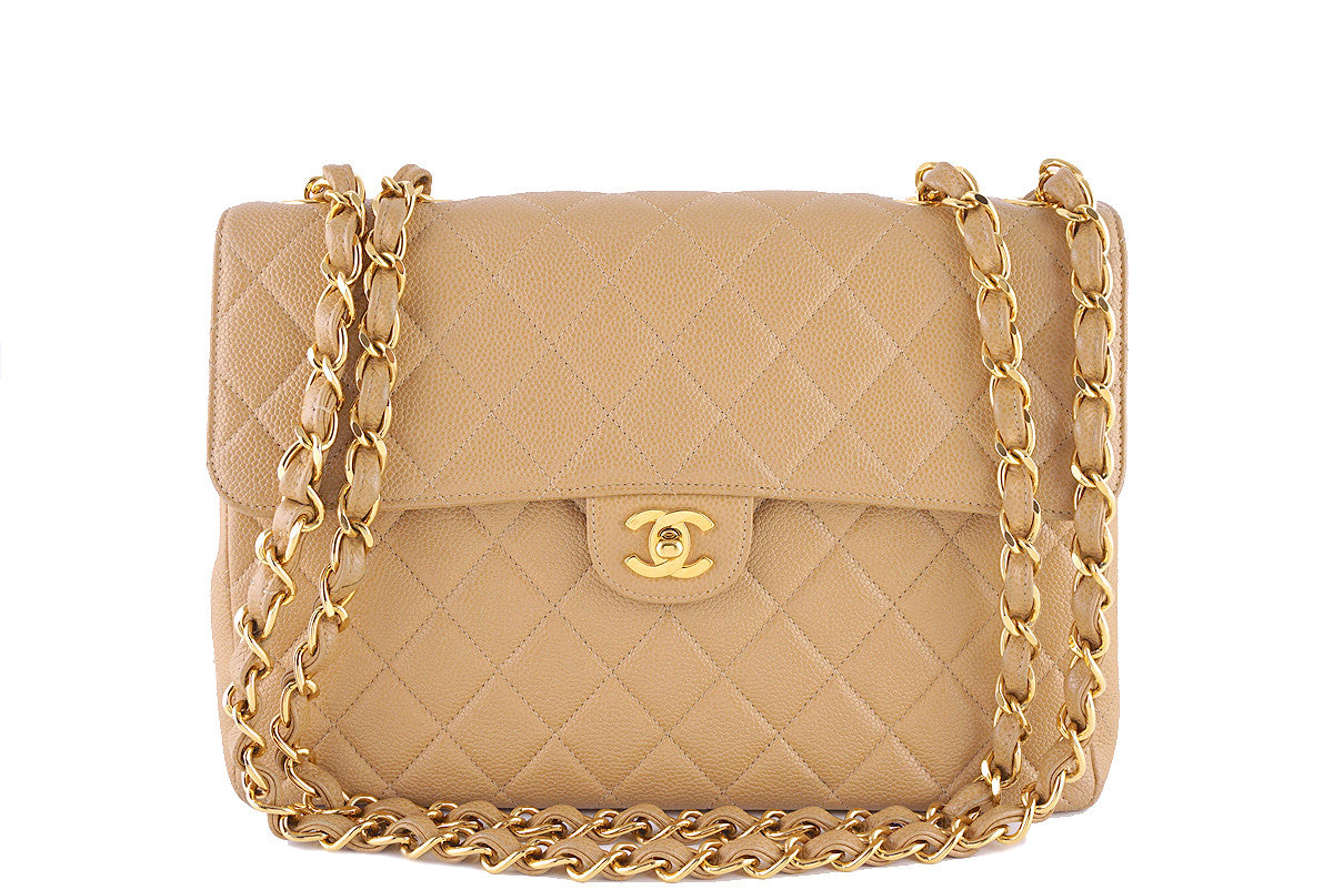 Chanel Beige Caviar Jumbo Quilted Classic 2.55 Flap Bag