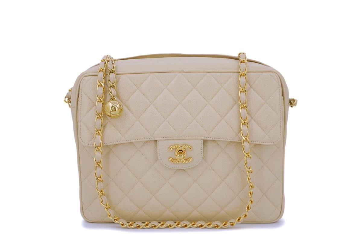 Chanel Vintage CC Large Square Flap Bag Beige Caviar 24K Gold Hardware –  Coco Approved Studio