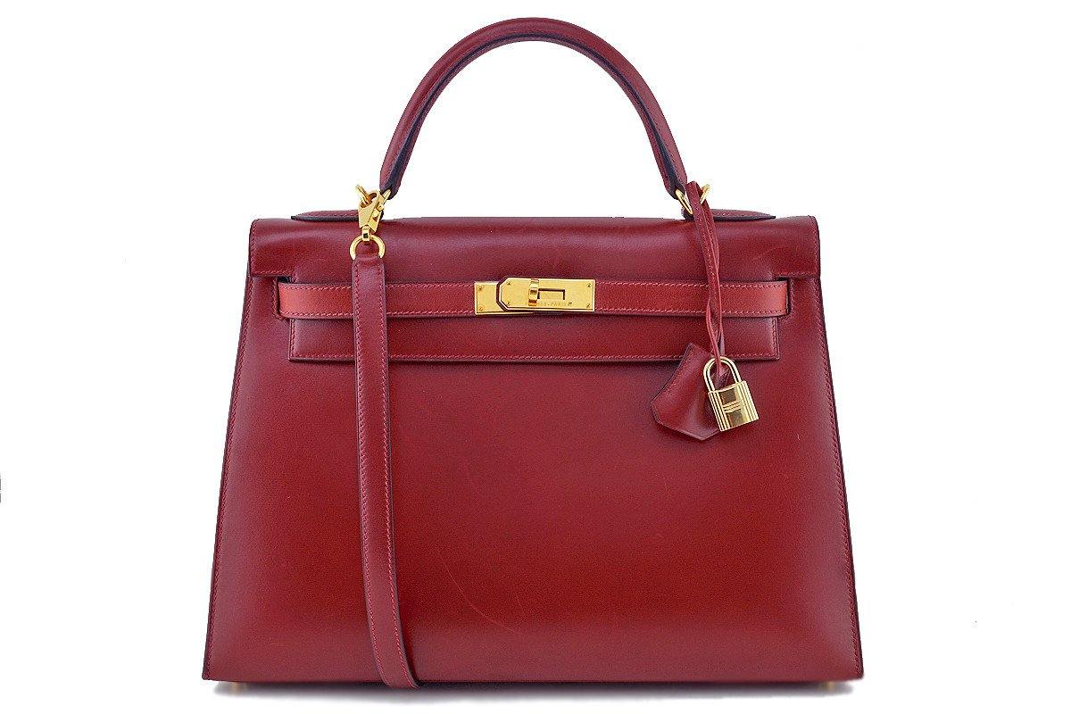 Amazing Hermes Kelly 28 sellier handbag strap in Rouge H box calf