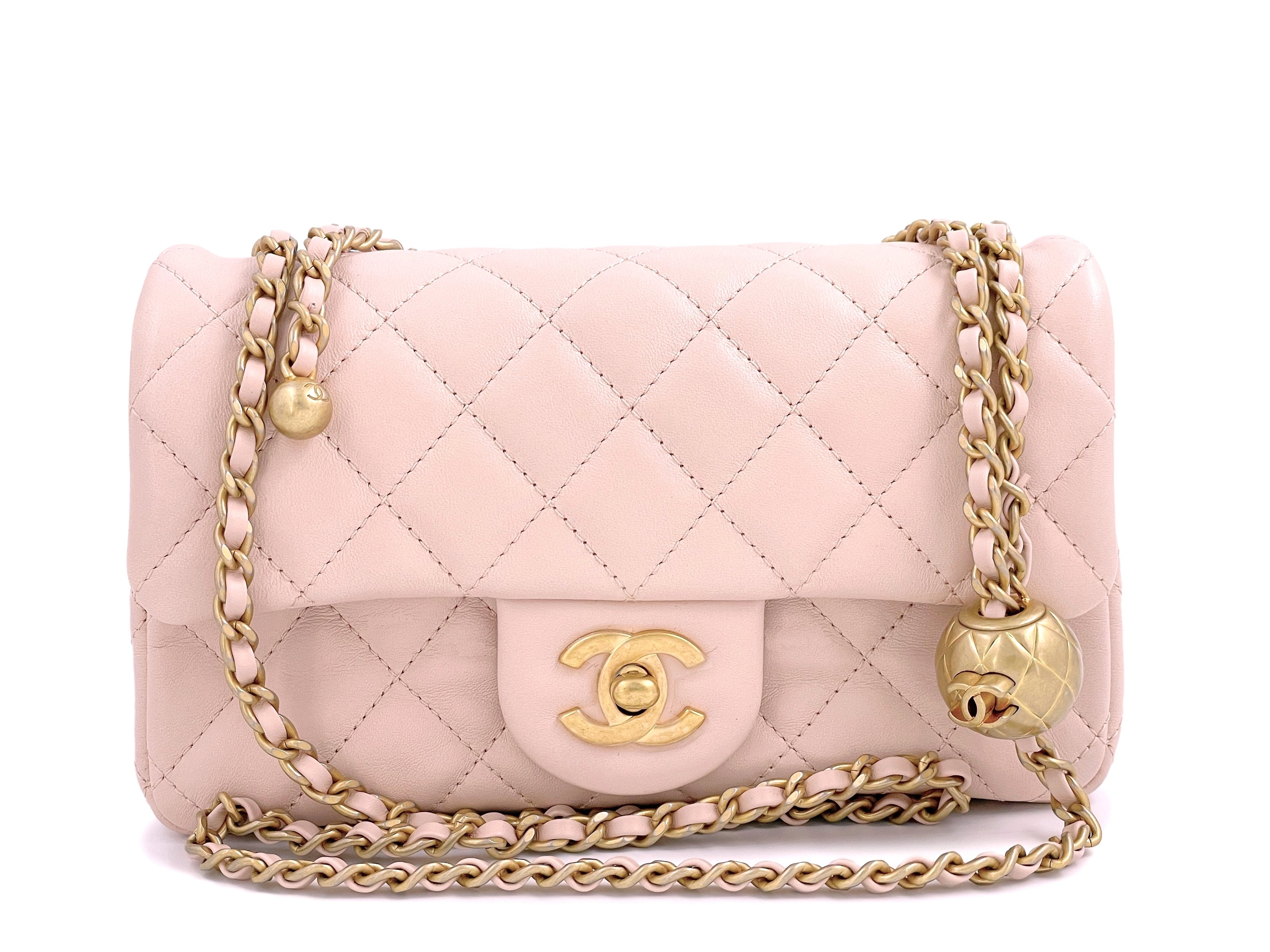 Chanel Mini Rectangular Flap Bag With Pearl Crush Chain Nude - NOBLEMARS