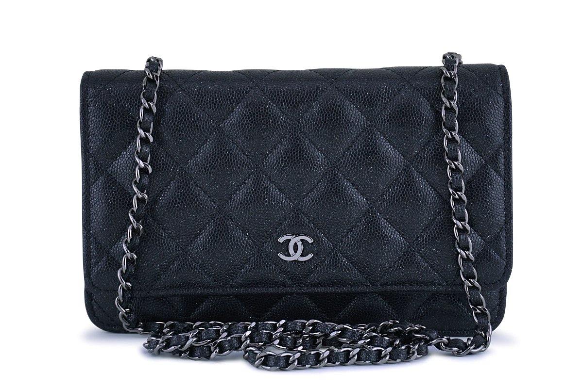 New 18C Chanel Iridescent Black Caviar Quilted WOC Wallet on Chain Fla