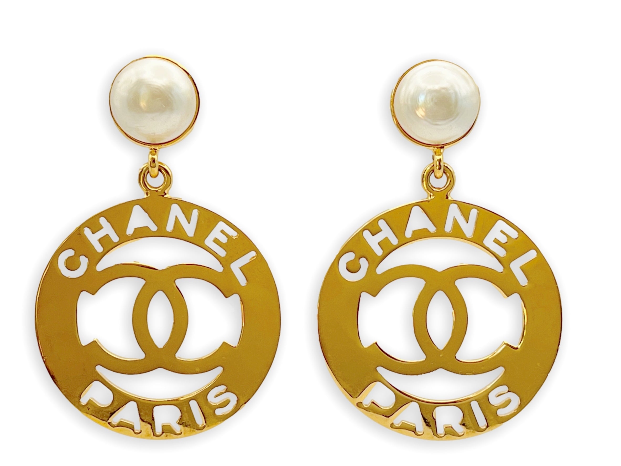 Chanel Gold Metal, Crystal, And Imitation Pearl CC Dangle Earrings