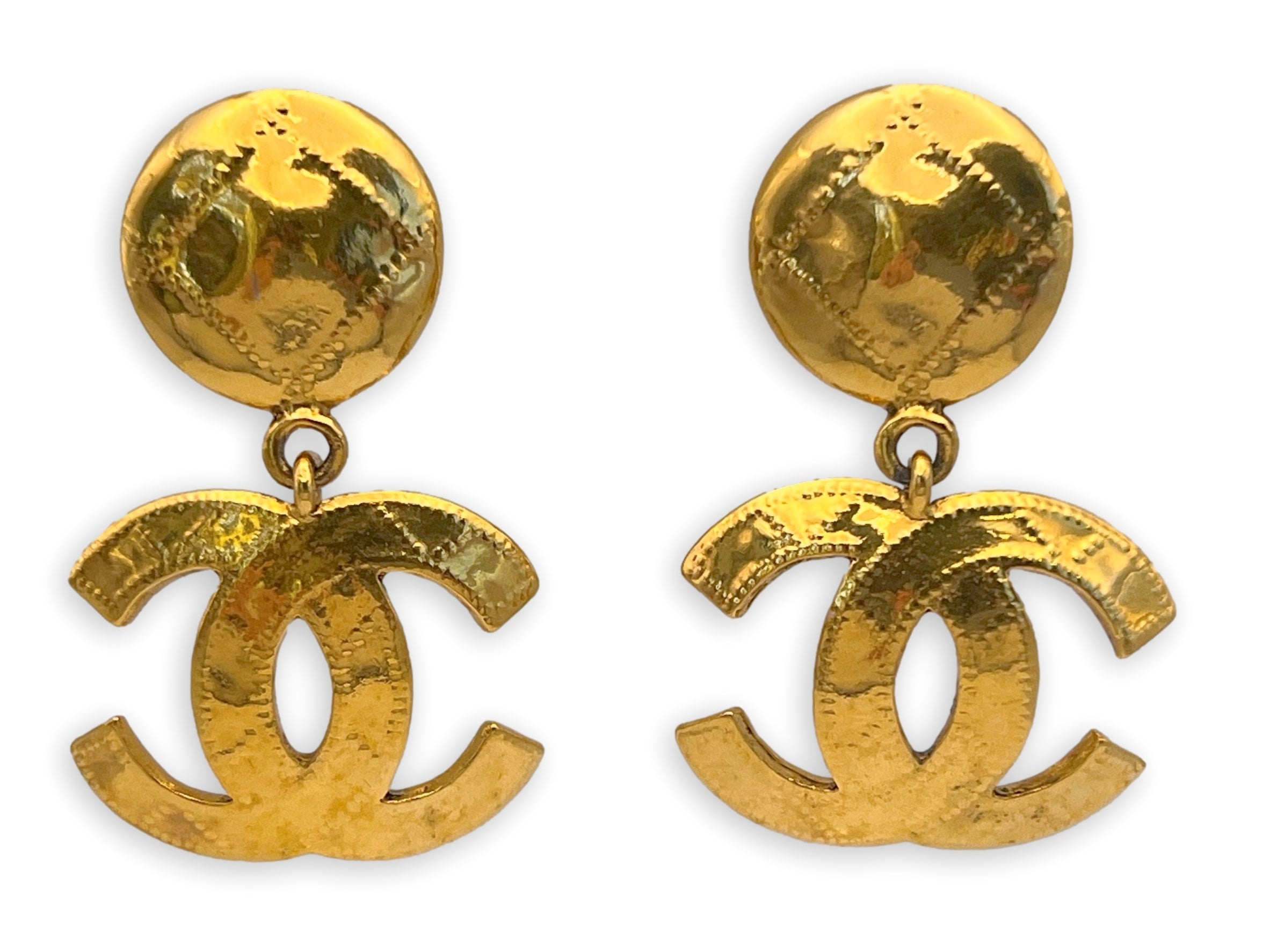 CHANEL Gold Metal Button Oversized CC Logo Dangle Earrings  Dearluxe