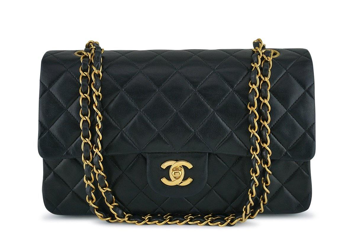 Chanel Black Lambskin Medium Classic 2.55 Double Flap Bag 24K Gold Plated